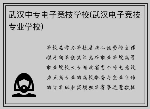 武汉中专电子竞技学校(武汉电子竞技专业学校)